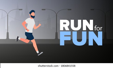 Run for fun. The guy is running. A man in shorts and a t-shirt jogs. Vector.