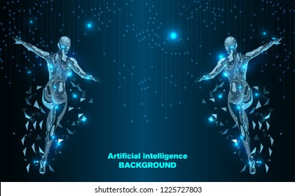 Run the future of Artificial intelligence woman.Abstract Technology.Futuristic concept.Cyber technology wire network futuristic wire frame.space.design.Vector illustration.