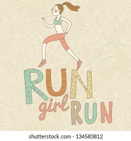 Run, girl, run. Cute cartoon girl running. Health care concept in vector