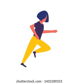 Run girl. Vector illustration isolated on a white background in trendy flat style. Modern picture with running female. Marathon, run club, sport or business vector illustration.