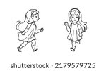run girl vector. workout little child, jogger sporrt kid, active fast runner run girl character. people black line pencil drawing vector illustration