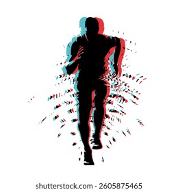 Run, glitch effect, running man, front view, isolated vector silhouette
