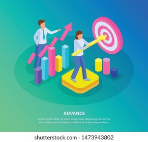 Run to goal isometric background with editable text and infographic icons colourful symbols with human characters vector illustration