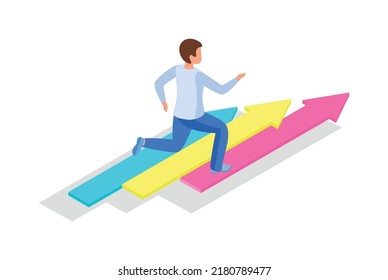 Run to goal isometric composition isolated concept icons and human character of business worker vector illustration
