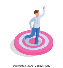 Correr hasta el objetivo composición isométrica aislados iconos de concepto y carácter humano de la ilustración vectorial de los trabajadores del negocio