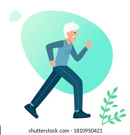 Run grandfather. Elderly man is engaged in sports Jogging. Concept of longevity and active lifestyle. Outdoor training, athletics. Vector illustration in modern flat style.