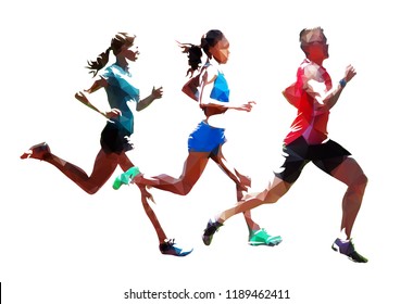 Run, group of running people, low polygonal running athletes. Isolated vector illustrations