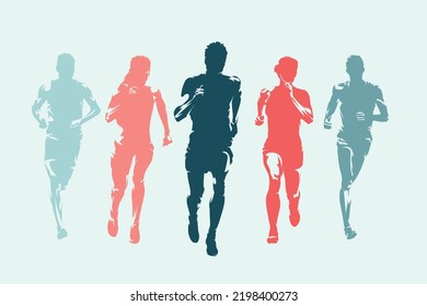 Run, group of running people, men and women, front view. Set of isolated vector silhouettes, ink drawing