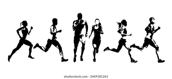 Run, group of running people, men and women. Set of isolated vector silhouettes