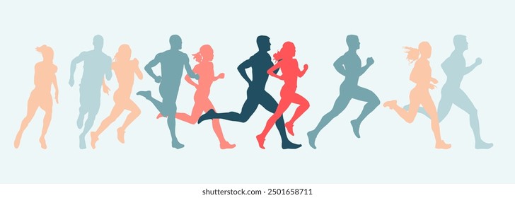 Run, group of running people. Set of isolated vector silhouettes of sport athletes