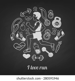 Run hand drawn set vector a blackboard. Healthy lifestyle background