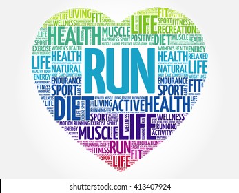 RUN heart word cloud, fitness, sport, health concept
