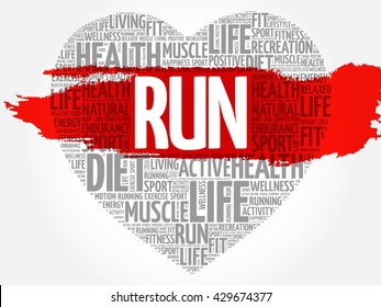 RUN heart word cloud, fitness, sport, health concept