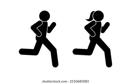 run icon, fast running man woman, sport human silhouettes, isolated sticks figure person icons, sport symbol, people flat vector design isolated on transparent