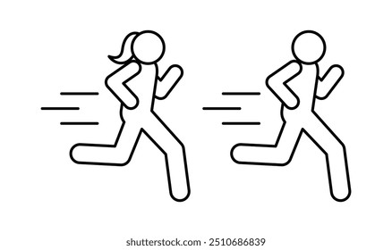 run icon, fast running man woman, sport human silhouettes, isolated sticks figure person linear icons, sport symbol, people flat vector design isolated on transparent