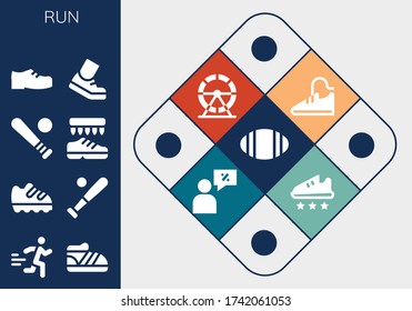 run icon set. 13 filled run icons. Included Rugby, Runner, Shoe, Baseball, Shoes, Running, Sport shoes, Hamster wheel, Salesman, Sport shoe icons