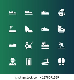 run icon set. Collection of 16 filled run icons included Shoe, Treadmill, Salesman, Running, Ice skate, Shoes, Athlete