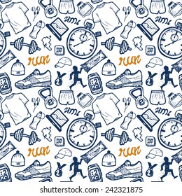 Run Icons Seamless Pattern Set In Doodle Style, Hand Drawing