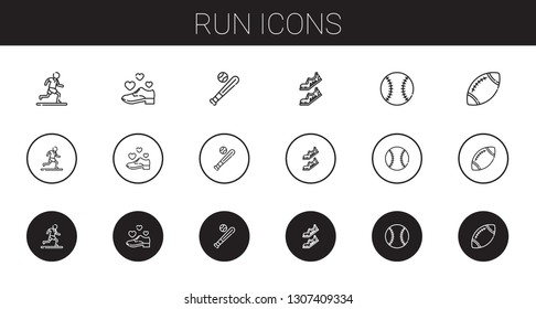run icons set. Collection of run with running, shoe, baseball, shoes, rugby. Editable and scalable run icons.