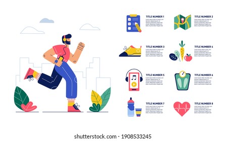 Run infographic. Jogging exercises for health. Running man and sports shoe, equipment, drink, heartbeat. Presentation for a marathon. Sports icons in flat style. Healthy lifestyle. Vector illustration