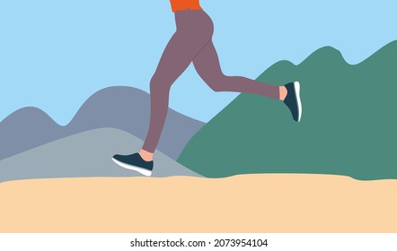 Run. Jogging. Man or woman running outside in shorts and lace up sneakers. Runner training. Active leisure. Health lifestyle. Outdoor recreation activity. Flat vector colorful illustration. Isolated.