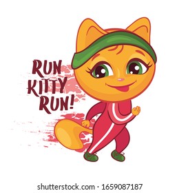 RUN KITTY, RUN CARD WITH YELLOW CAT RUNNING IN SPORTS SUIT AND SHOES