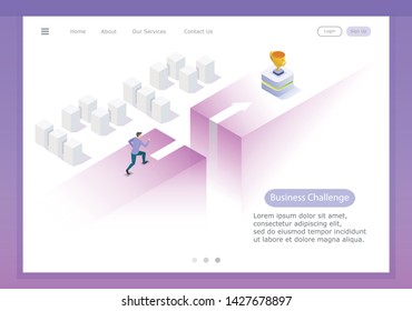 Run and Leap to victory, test the courage and trials of a young businessman. Vector isometric illustration