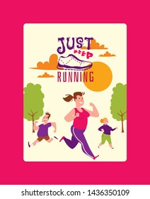 Run lettering just keep running shoes marathon people vector sneakers or trainers poster. Motivation text signs for typography illustration runners inscriptions run characters on white background