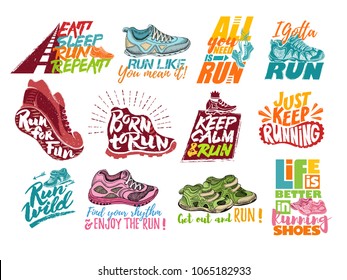 Run lettering on running shoes vector sneakers or trainers with text signs for typography illustration set of runners inscriptions run for fun isolated on white background