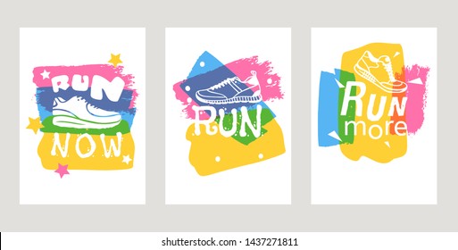 Run lettering on running shoes vector sneakers or trainers cards with text signs for typography illustration set of runners inscriptions run now. Motivation training motion poster.