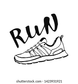 Run lettering with sport shoes. Running typography. Motivational poster for gym, phrase for t-shirt, print, banner, flyer, postcard. Vector illustration