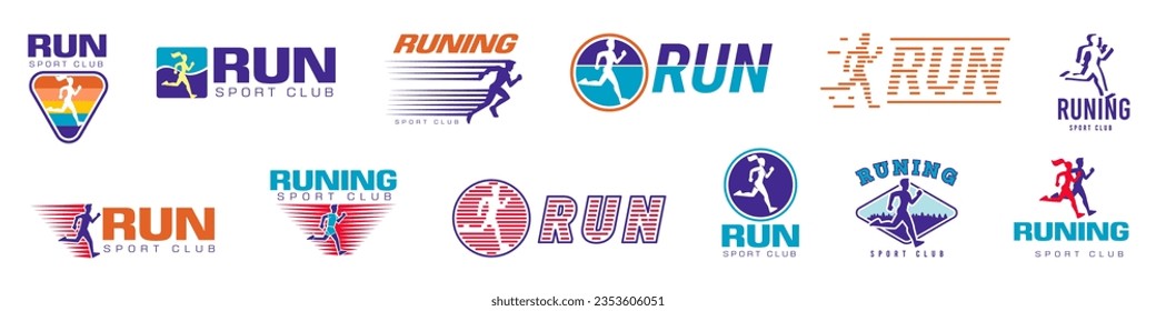 Run logo. Sport club icon design. Running sportsman. Jogging man and woman. Active people color silhouette. Fitness workout. Marathon symbol. Athletic sprint. Vector runners emblems set