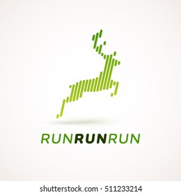 Ejecute el logotipo. La silueta de ciervo en ejecución hecha de líneas dinámicas. Estilo de diseño del ecualizador. Se puede utilizar como icono o pictograma.