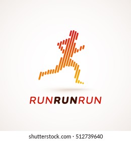 Run logotype. Running man silhouette made out of dynamic lines. Equalizer design style. Could be used as icon or pictogram.
