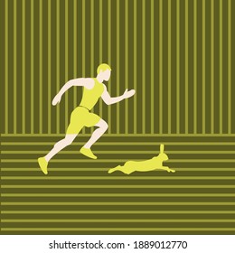 Run man with fast rabbit. Yellow, green.