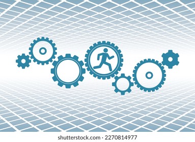run man in gears cogs mechanism icon on geometric abstract background