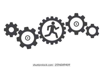 Run man in gears cogs teamwork mechanism icon