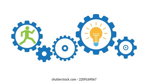 run man and lightbub in gears cogs mechanism icon