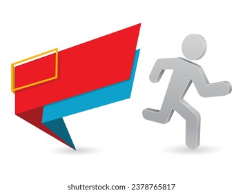 Ejecutar hombre con un icono 3d de banner rojo de papel