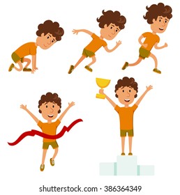 Run man. Running competition. Training  illustration. Jogging cartoon character. Sprint marathon. Starting line, race, finish and award set. Winning. Sport and activity.
