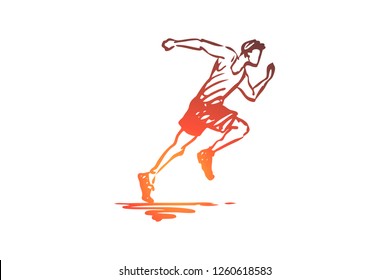 Run, man, speed, athlete, sport concept. Hand drawn sportsman running fast concept sketch. Isolated vector illustration.