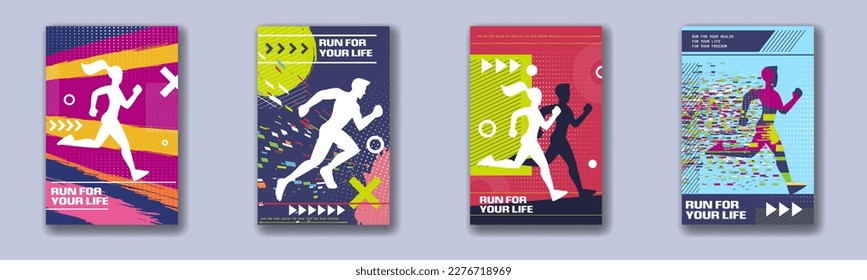 Run marathon posters. Silhouette logo. Sport runner fest. Athlete festival banners set. Fast gym or jogging man. Abstract shapes. Sprinters competition. illustration concept