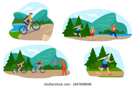 Run marathon race vector illustration set. Cartoon flat active athlete people running marathon challenge or sport competition, runner sportsman characters jogging tournament activity isolated on white