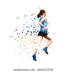 Run, marathon, running woman. Isolated low poly vector illustration of female runner with dispersion effect