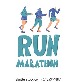 Run marathon text with athletes characters. Different persons jogging isolated. Vector design.