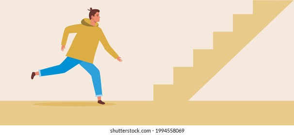 Run men up the stairs. Flat vector stock illustration. The concept of success, rise, achievement. Steps up. The person is in a hurry. Indoor room. Vector graphics