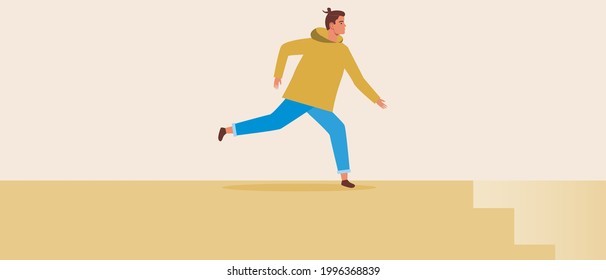 Run men up the stairs. Flat vector stock illustration. Evacuation by stairs. Exit indoor. Steps down. Emergency situation. Vector graphics