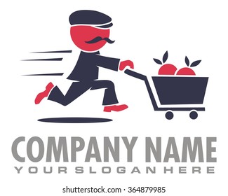 run mustache man fruit trolley mascot cartoon character logo
