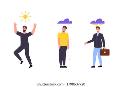 Run from negative concept. Aggressive character group and happy running character. Vector illustration in flat style.