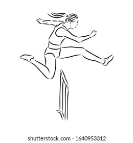 run with obstacles, jump over the barrier, vector sketch illustration 